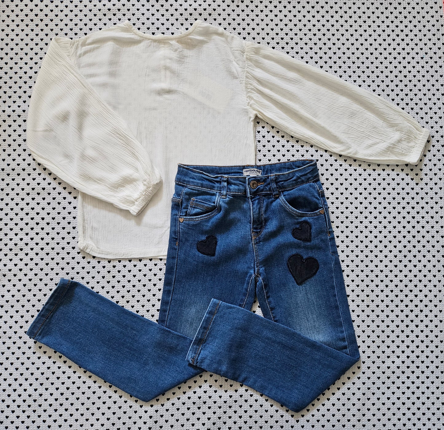 Kids | Mädchen | Set: Langarmshirt von Bleu Marine und Jeanshose von Vertbaudet, Gr. 110/116