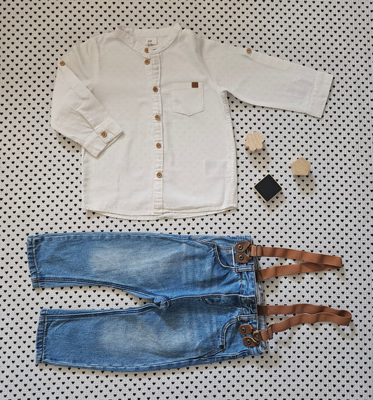 Minis Junge | Set: Hemd von H&M und Jeanshose mit Hosenträgern von Zara, Gr. 86