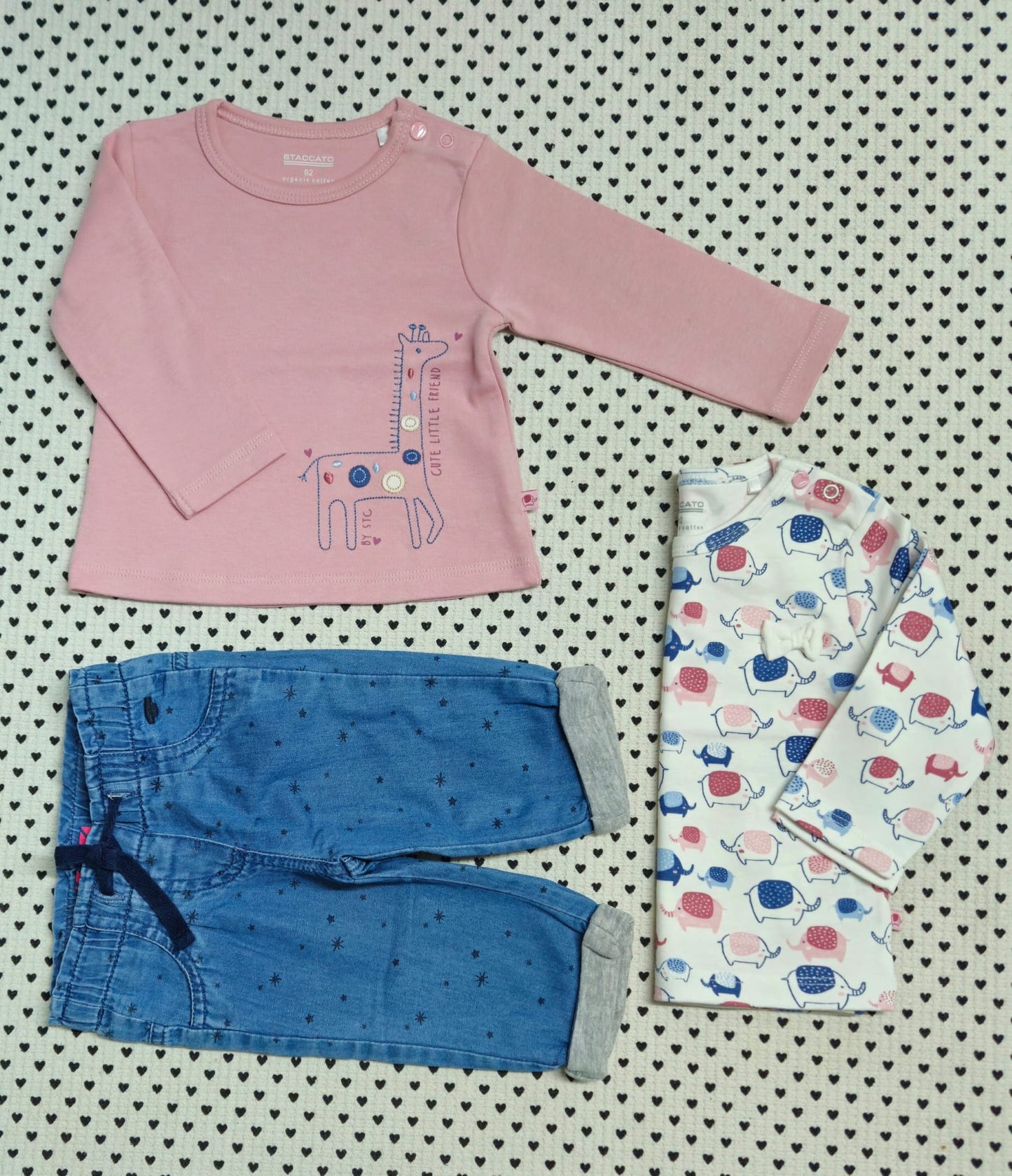 Minis Mädchen | 3-tlg. Set: 2x Langarmshirt (Staccato), gefütterte Jeanshose (Tom Tailor), Gr. 62