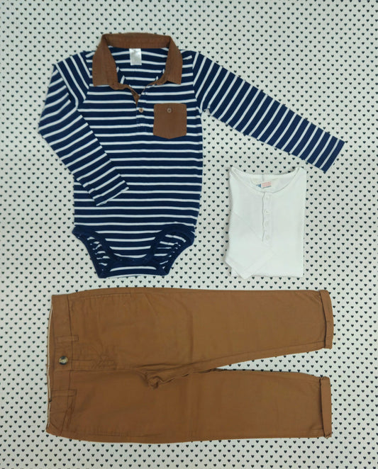 Kids | Junge | 3-tlg. Set: Body, Langarmshirt und Stoffhose (H&M), Gr. 98