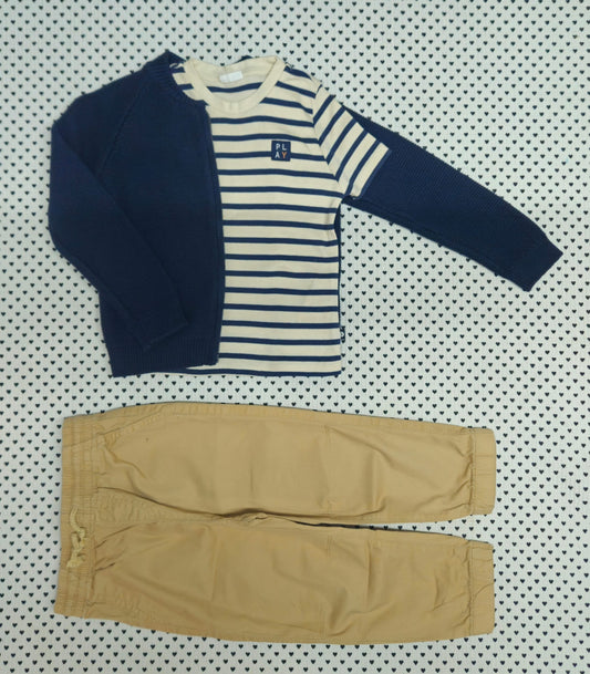 Kids | Junge | 3-tlg. Set: T-Shirt (Pomp de Lux), Strickjacke (Zara), Stoffhose (H&M), Gr. 98