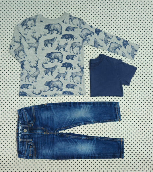 Kids | Junge | 3-tlg. Set: T-Shirt (H&M), Langarmshirt (Alana), Jeanshose (H&M), Gr. 98