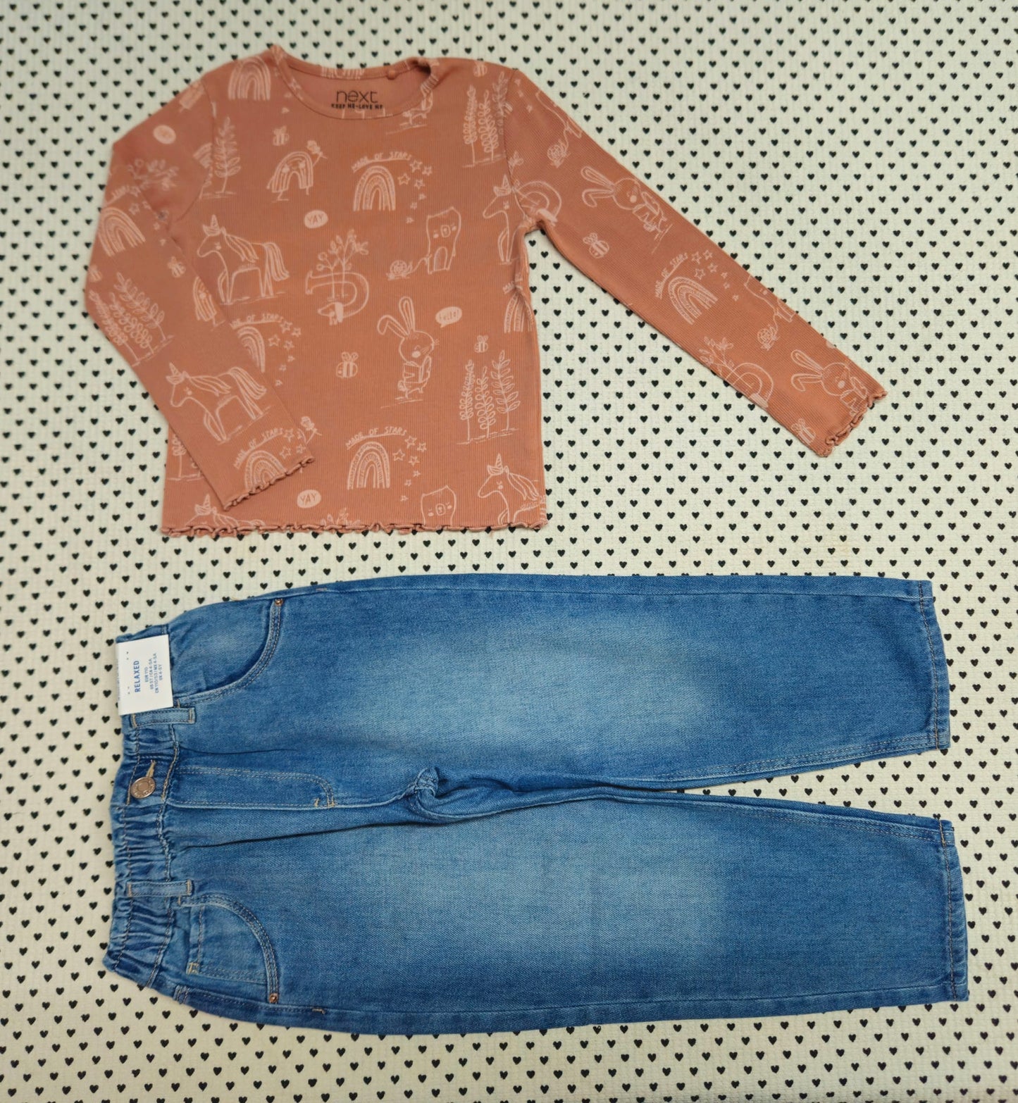 Kids | Mädchen | 2-tlg. Set: Langarmshirt (Next) und Jeanshose (H&M), Gr. 104/110