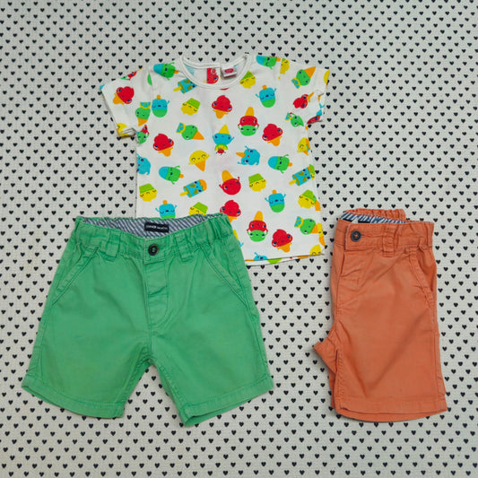 Minis Junge | Unisex | 3-tlg. Set: T-Shirt (TucTuc) und 2x Shorts (H&M), Gr. 68